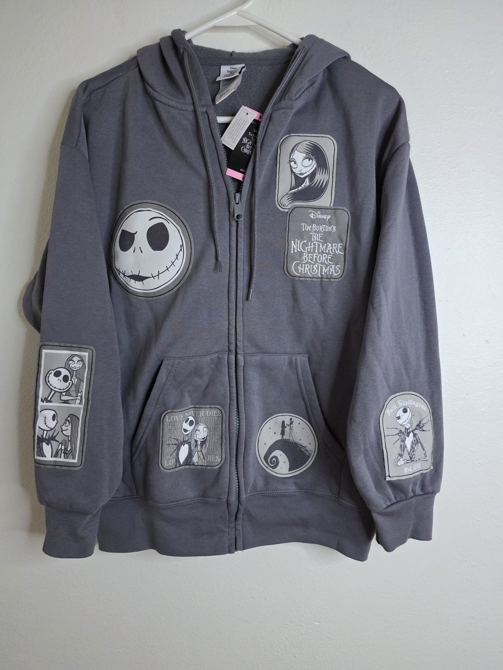NWT Disney The Nightmare Before Christmas Patchwork Zip Hoodie Small Grey